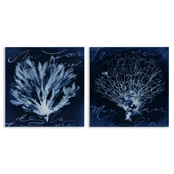 Stupell Industries Dark Blue Coral Pieces Nautical & Beach Painting Wrapped Canvas Art Print Wall Art, 17 x 17, Set of 2