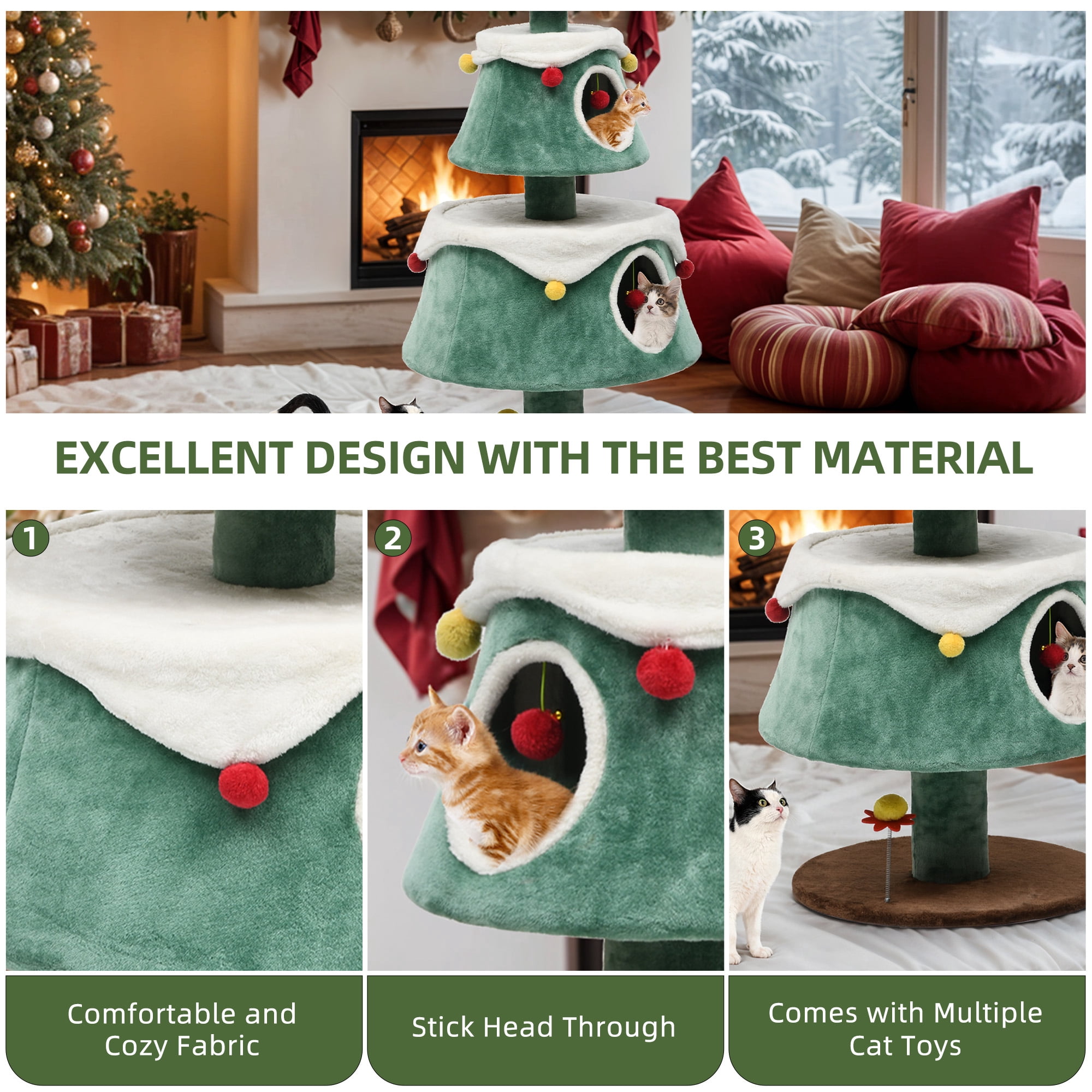 Uforic 63" H Large Christmas Cat Tree,2 Cat House with Plush Ball, Green+White