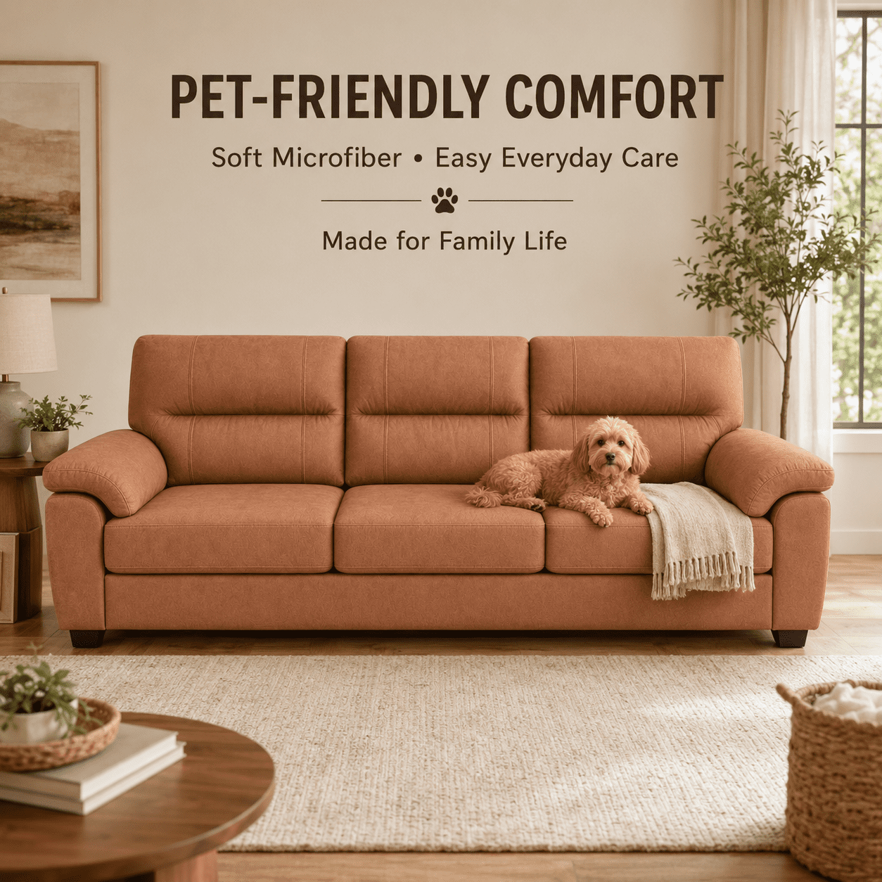 MOONMISS 84 Inch Mid-Century 3 Seater Sofa Tech Fabric Deep Plush Cushions Wide Armrests Pet Friendly Living Room,Brown