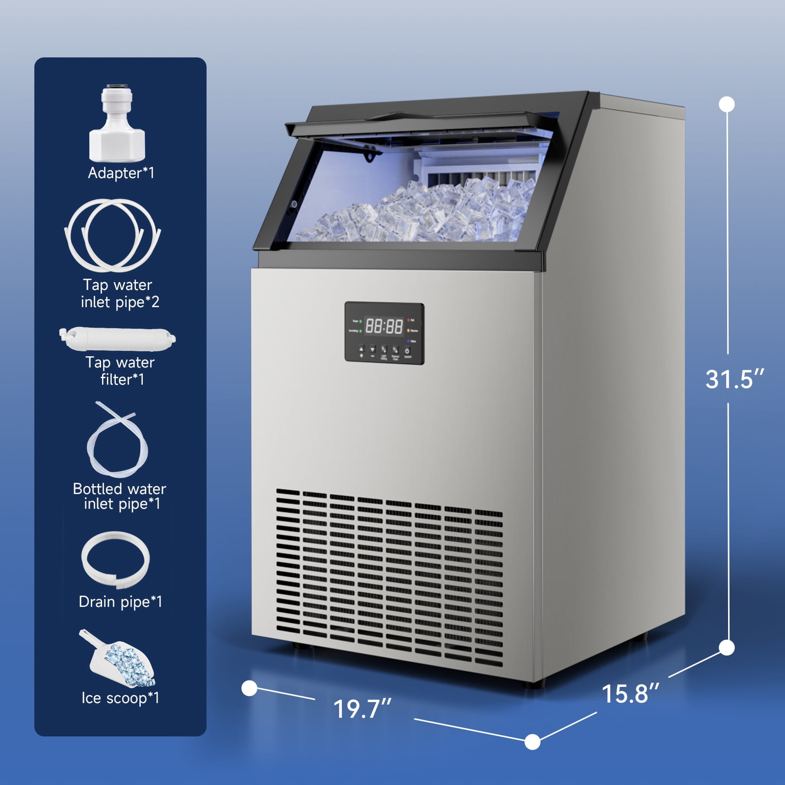 Joreek Commercial Ice Maker 150 lbs/24h, 50lbs Storage, Stainless Steel, Under-Counter/Freestanding Commercial Ice Machine 45 Cubes/Cycle Self-Cleaning, for Home, Bar, Restaurant, and Cafe