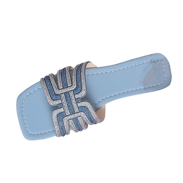 Flat Sandals for Women, Square Toe Solid Color Cloth Slides with Rhinestone-Encrusted Straps, Slip-On Design, Cushioned Footbed, Synthetic Material, Brown