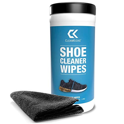 CleanKicks sneaker cleaning wipes container next to a black cleaning cloth on a white background.
