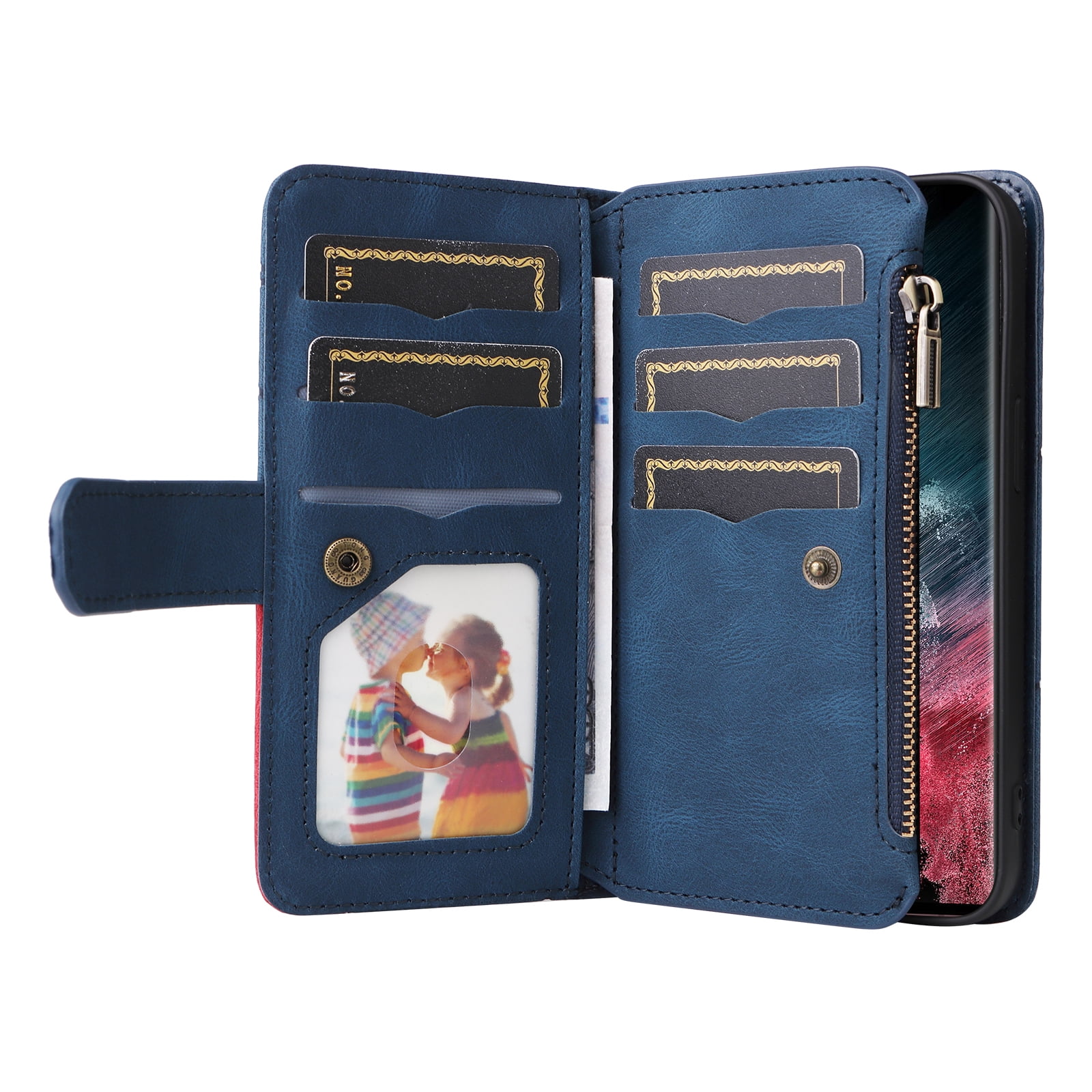 Dteck for Samsung Galaxy S23 Ultra Case Wallet with 9 Card Slots, Zipper Pocket PU Leather Folio Flip Phone Case with Wristlet Strap for Samsung Galaxy S23 Ultra 6.8 Inch, Blue