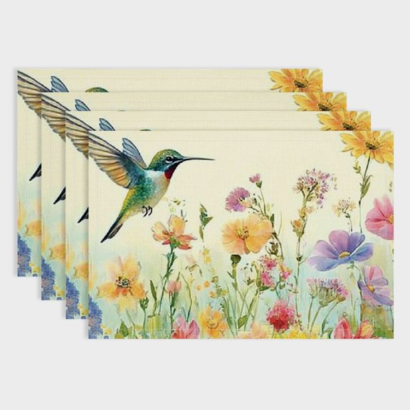 PRATYUS Hummingbird Flowers Linen Table Placemats for Elegant Dining Set of 4, Heat-Resistant and Versatile Table Decor for Parties and Home