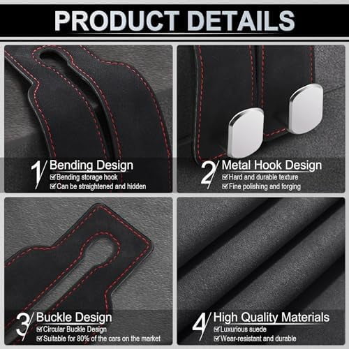Headrest Purse Hook for Car, Seat Hook Hangers Storage Organizer for Bags and Coats Holder, Upgrade Leather Double Hook and Mobile Phone Holder for Universal Vehicle Car Accessories (Black) Black