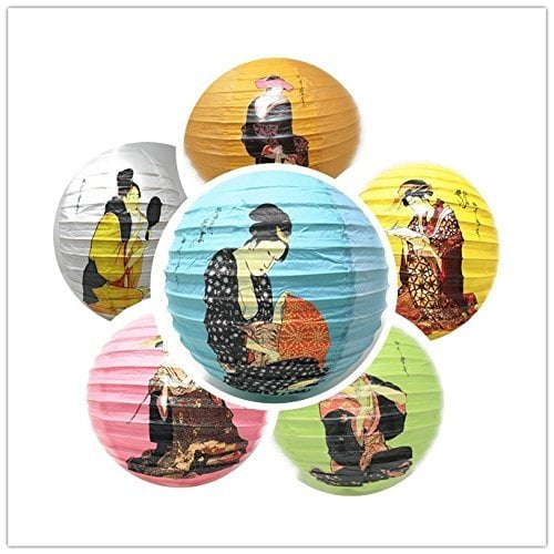 THY COLLECTIBLES 6 Pcs Oriental Chinese Japanese Festival Party Celebration Home Decor Lantern Geisha Design 6 Various Colors 16'