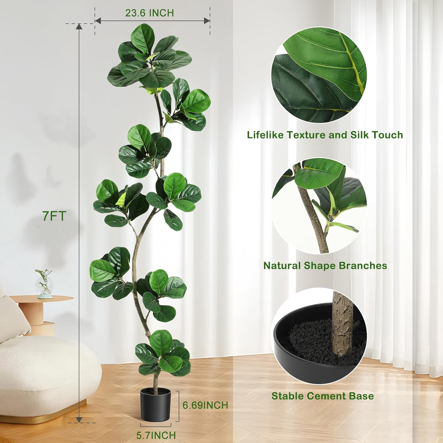 Artificial Fiddle Leaf Fig Tree - 7FT Fake Plant with White Planter and Natural Wood Trunk for Home or Office Decor - Artificial Plants Indoor