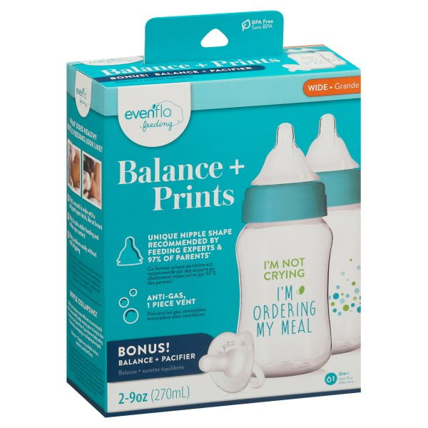 Evenflo Balance + Wide Prints Bottles, 9oz 2pk with Pacifier