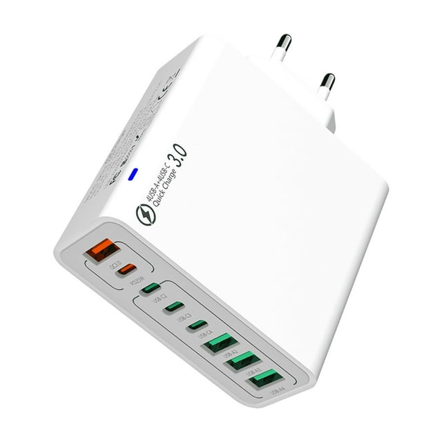 Cargador de teléfono móvil de carga rápida con 8 puertos, 4 USB y 4 puertos tipo C, 120 W, norma europea, con cabezal de carga QC4.0