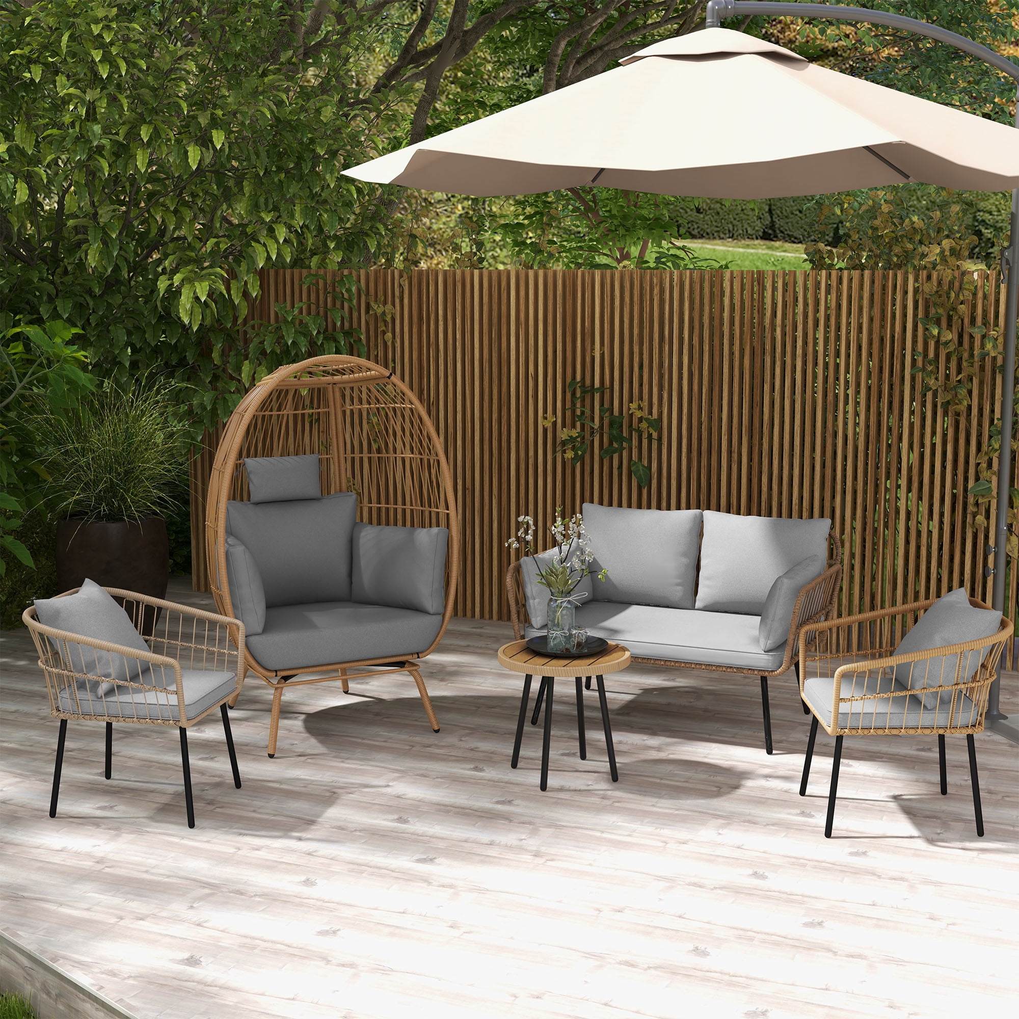 Uforic Boho Patio Furniture Outdoor Bistro Set,Sectional Sofa Conversation Sets - Wicker Loveseat Sofa Chairs,Egg Chair with Soft Cushions - Gray