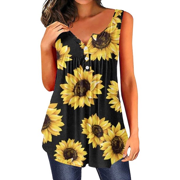 Gibobby Camiseta sin mangas con estampado de girasol y cuello en V con botón simple informal de verano para mujer(Negro,M)