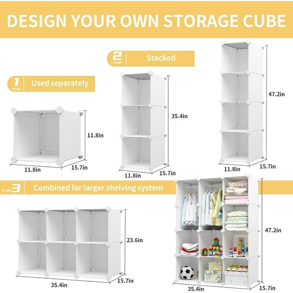 Baby Closet,Dresser, Kids Closet Organizers, Portable Kids Wardrobe for Closet, Bedroom, Nursery, Cubby, Cabinet, Clothes, Dress, Baby Storage Shelf, Armoire Clothes Hanging (12 Cube, White)