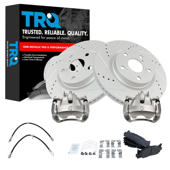TRQ Front Brake Pad and Rotor Set Semi Metallic Slotted Drilled Calipers Fits 2007-2012 Lexus ES350 2007-2011 Toyota Camry