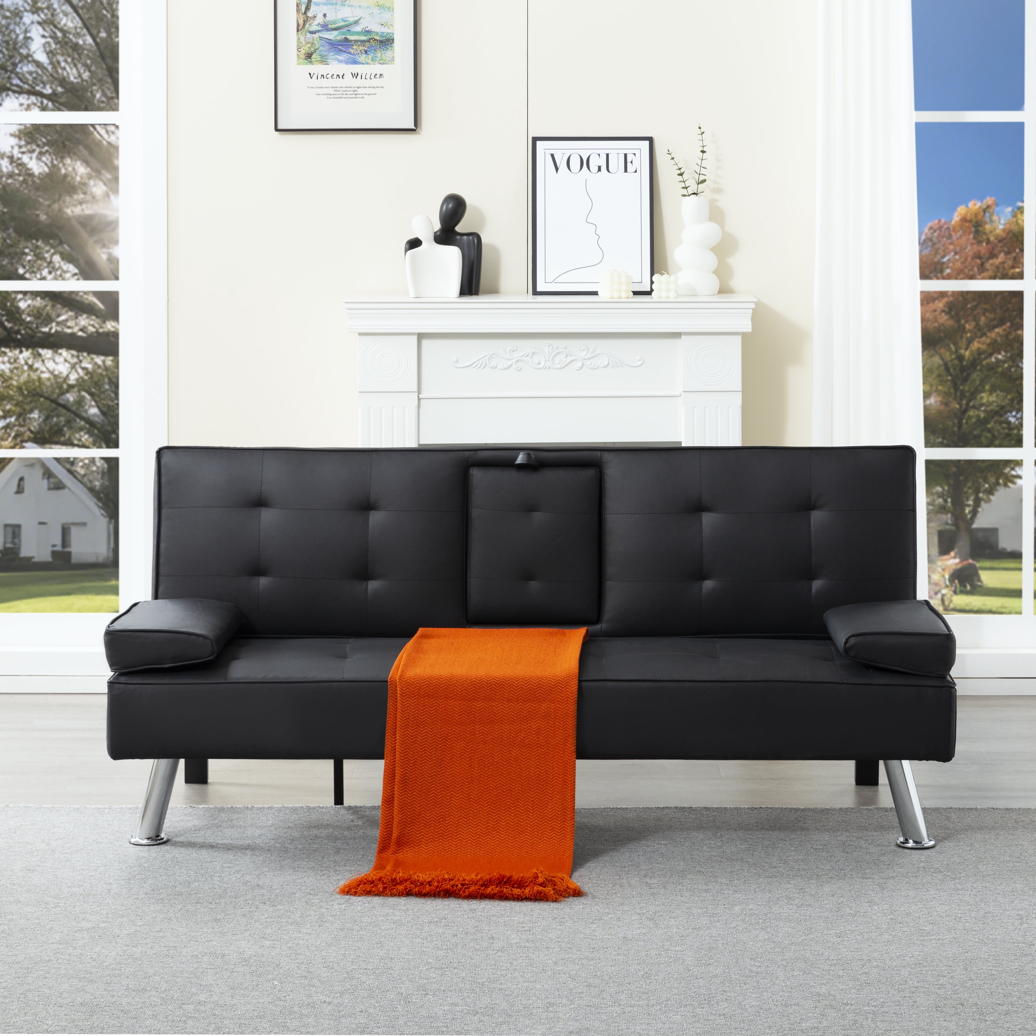 BSHTI 69.49” Twin Size Futon Sofa Bed with Cup Holders – 5-Position Adjustable Sleeper, PU Upholstery, Storage Side Pocket, Removable Arm Cushions, Easy Conversion, Black