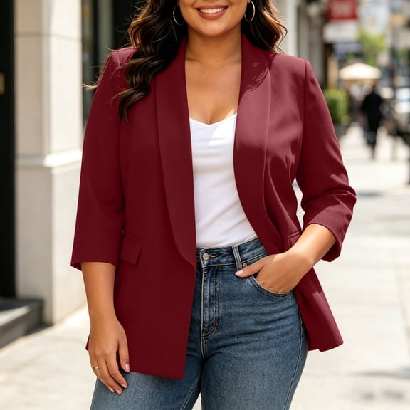 thefmos Women's Fall Winter Lapel 3/4 Sleeve Open Front Blazer Casual Business Work Jacket Plus Size Solid Dressy Suit Tops Office Outwear, Wine 5XL