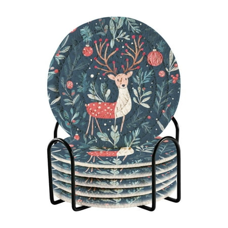 

6 coil coasters 3.94x3.94x0.24 inch water coasters Drink coasters with cup holders Absorbent coasters Heat resistant for bar protection Christmas Deer Picture
