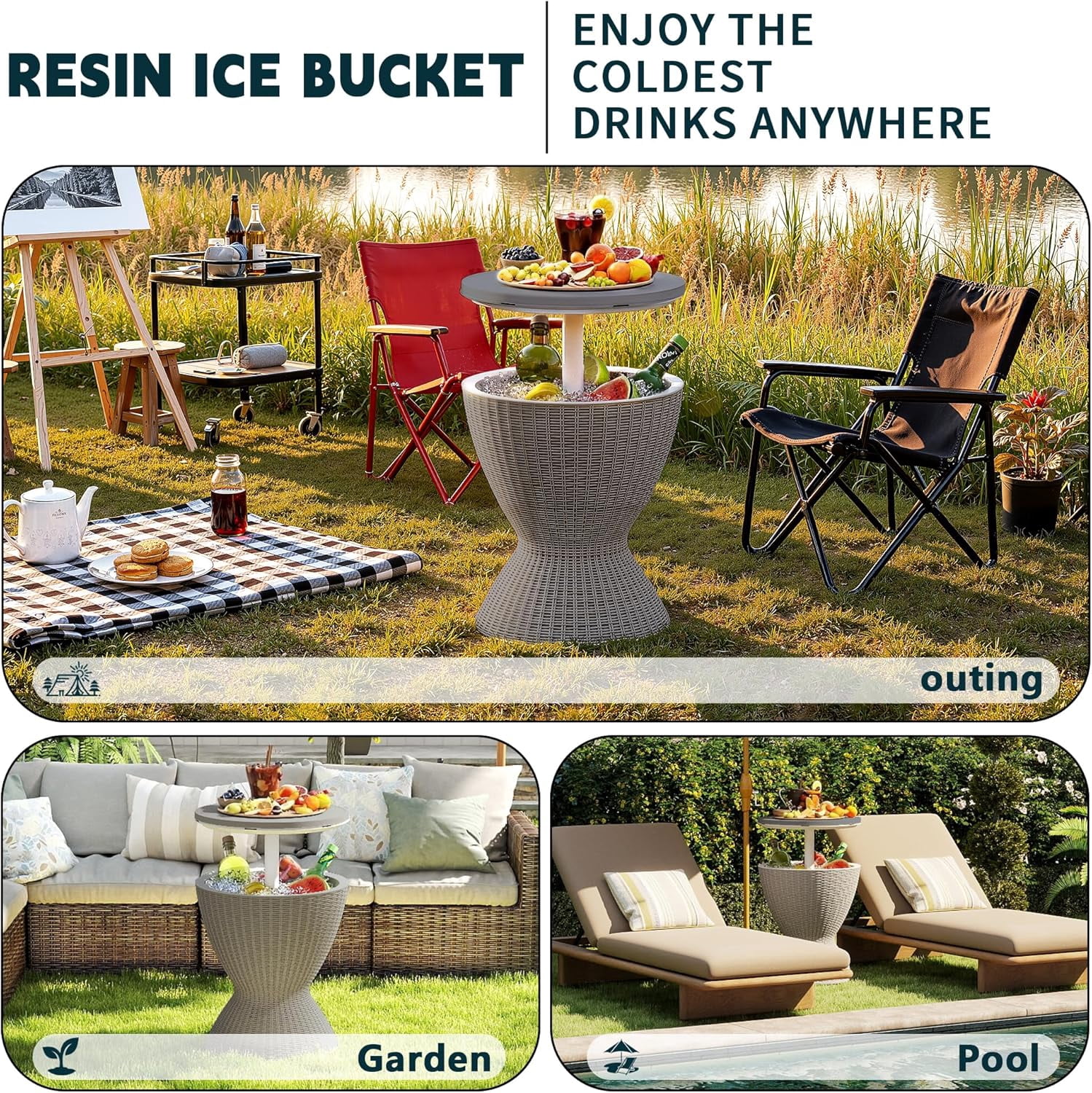JFTER 3-in-1 Resin Ice Bucket & Beverage Cooler – Wood Look Patio Table, UV Protection & Drain Plug for Outdoor Parties, Bars, and Poolside Use