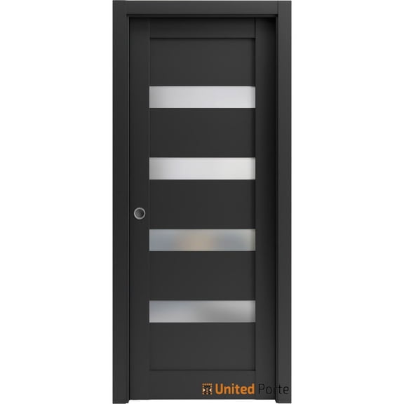 Sliding French Pocket Door 24 x 80 inches | Quadro 4113 Matte Black Frosted Glass | Kit Trims Rail Hardware | Solid Wood Interior Bedroom Sturdy Doors
