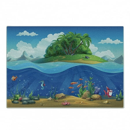 

Graphic Beach Cutting Board Cartoon Underwater Colorful Fishes Plants and Island Above with Palm Trees Decorative Tempered Glass Cutting and Serving Board in 3 Sizes by Ambesonne