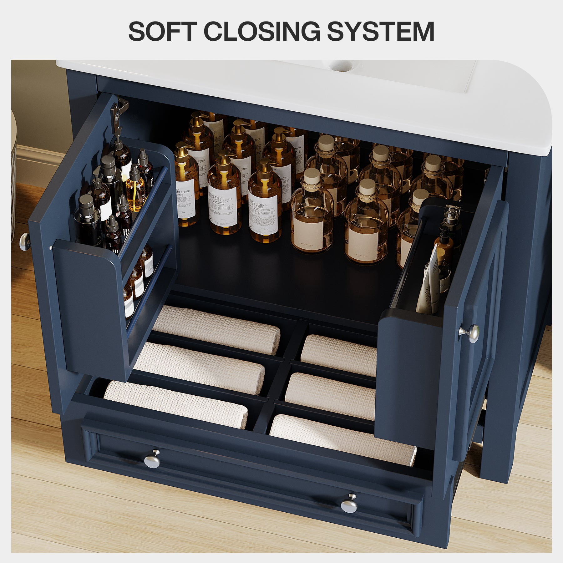 Fnova 30" Modern Bathroom Vanity with Sink, Freestanding Bathroom Vanities Cabinet, Bathroom Sink Cabinet with 2 Doors and 1 Drawer, Solid Wooden Frame, Navy Blue