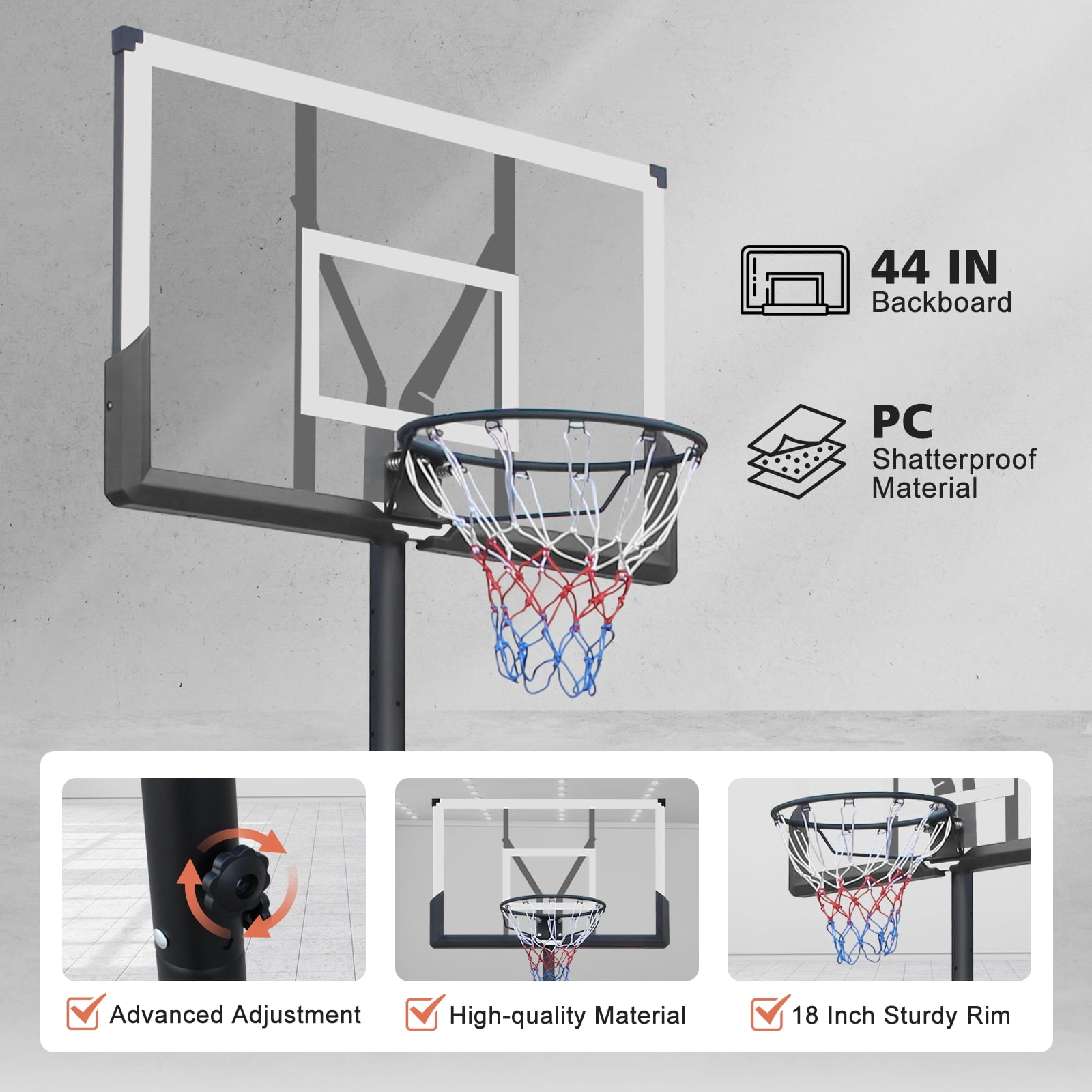 Adjustable Basketball Hoop, 5.7-10ft Height, Shatterproof Backboard, Portable Stand, Indoor & Outdoor