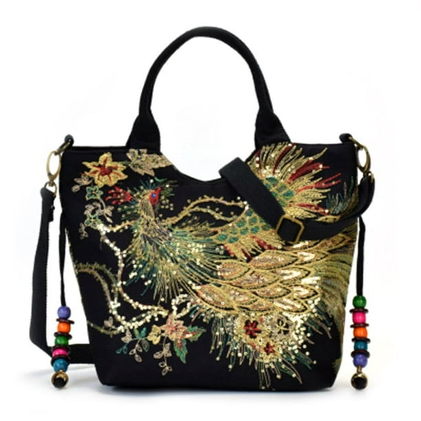 OUSITAID Women Canvas Shoulder Bag Embroidery Handbag Tote Bags with Decorative Beads Pendants Black Walmart