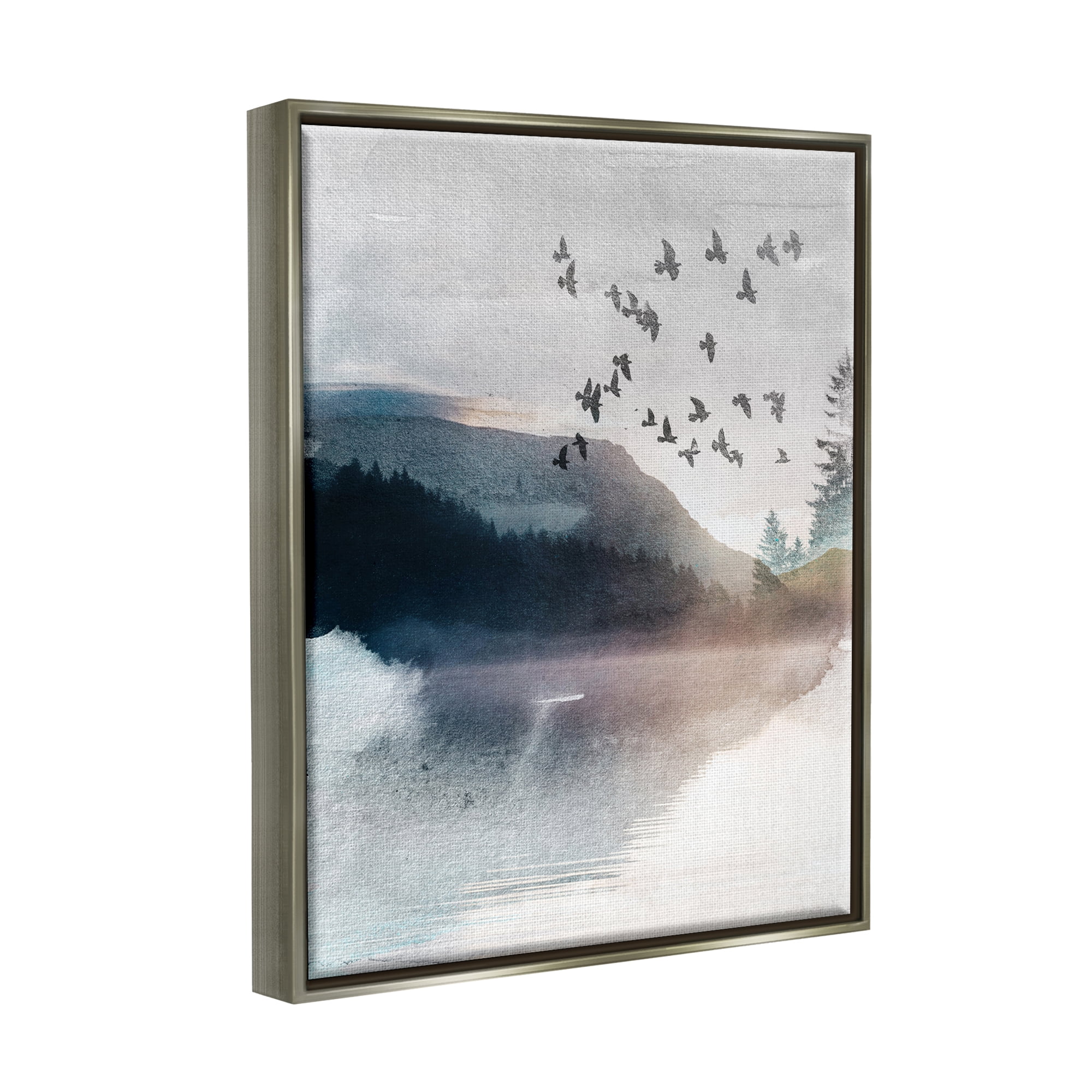 Stupell Industries Abstract Birds Over Lake Nature Painting Gray Floater Framed Art Print Wall Art, 25 x 31