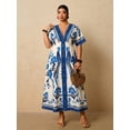 thumbnail image 6 of Blue And White Floral V-Neck Short Sleeve Wrap Maxi Dress For Women, 6 of 8