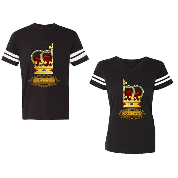 King Queen Red Gold Crown Unisex Couple Matching Cotton Jersey style T-Shirt Contrasting stripes on sleeves (Men Black / Women Black) (Men S / Women S)