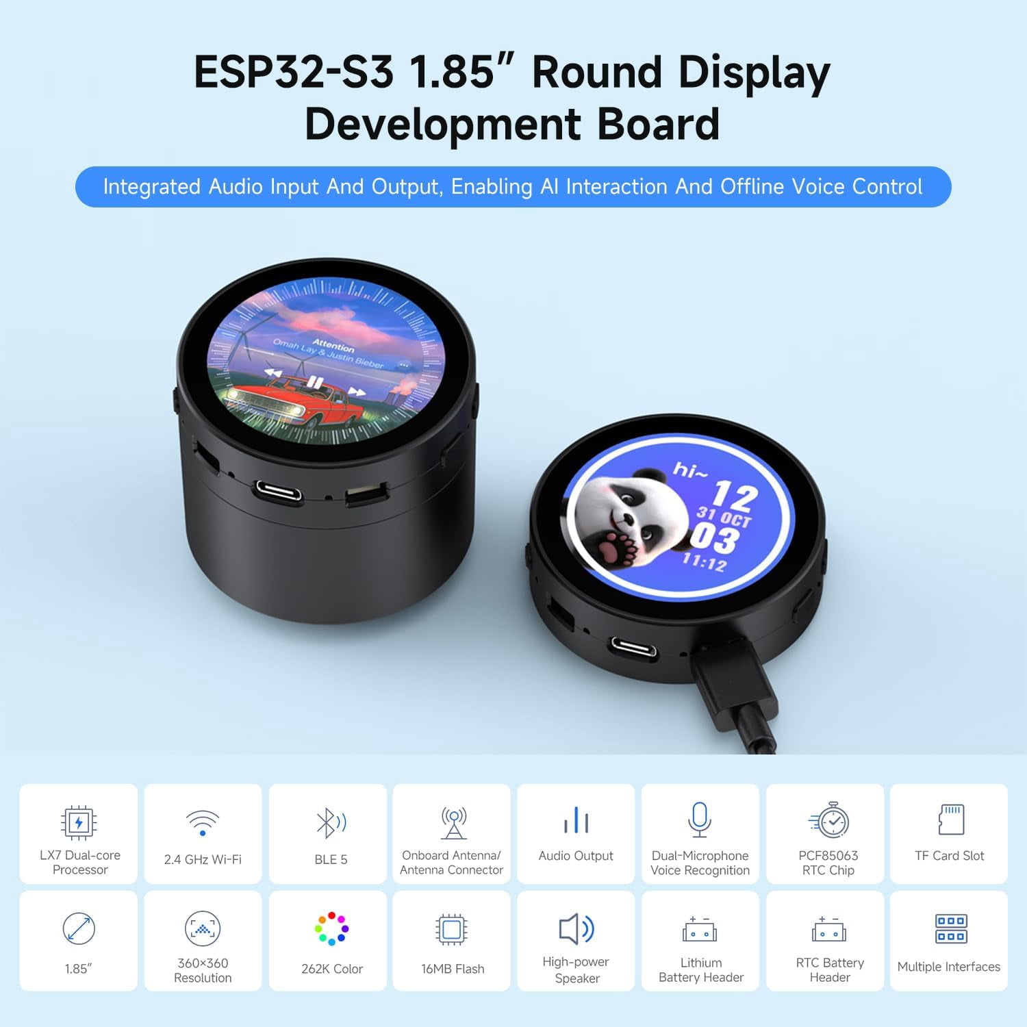 ESP32-S3 1.85inch Round LCD Development Board, 360×360, Supports Wi-Fi & Bluetooth BLE 5, AI Speech, Smart Speaker Box, ESP32 with Display, with Speaker Box, with BAT