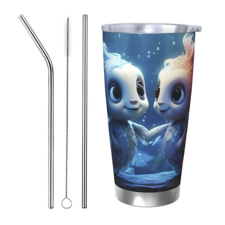 

Goofa Cute Fish Flower Couple for 20 oz Skinny Tumbler Stainless Steel Coffee Mug Slim Vacuum Insulated Travel Cup Car Cup-Straw Three-piece Set