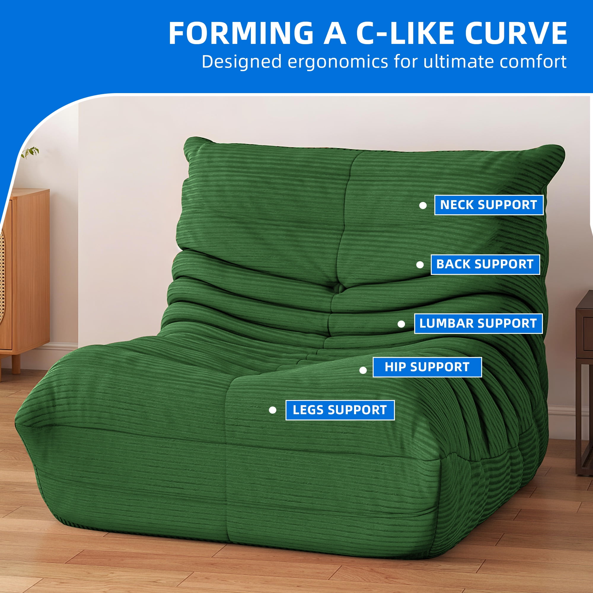 Uforic Bean Bag Chair with High Back, Giant Lazy Floor Sofa for Adult, Single Comfy Togo Sofa with Memory Foam, Green