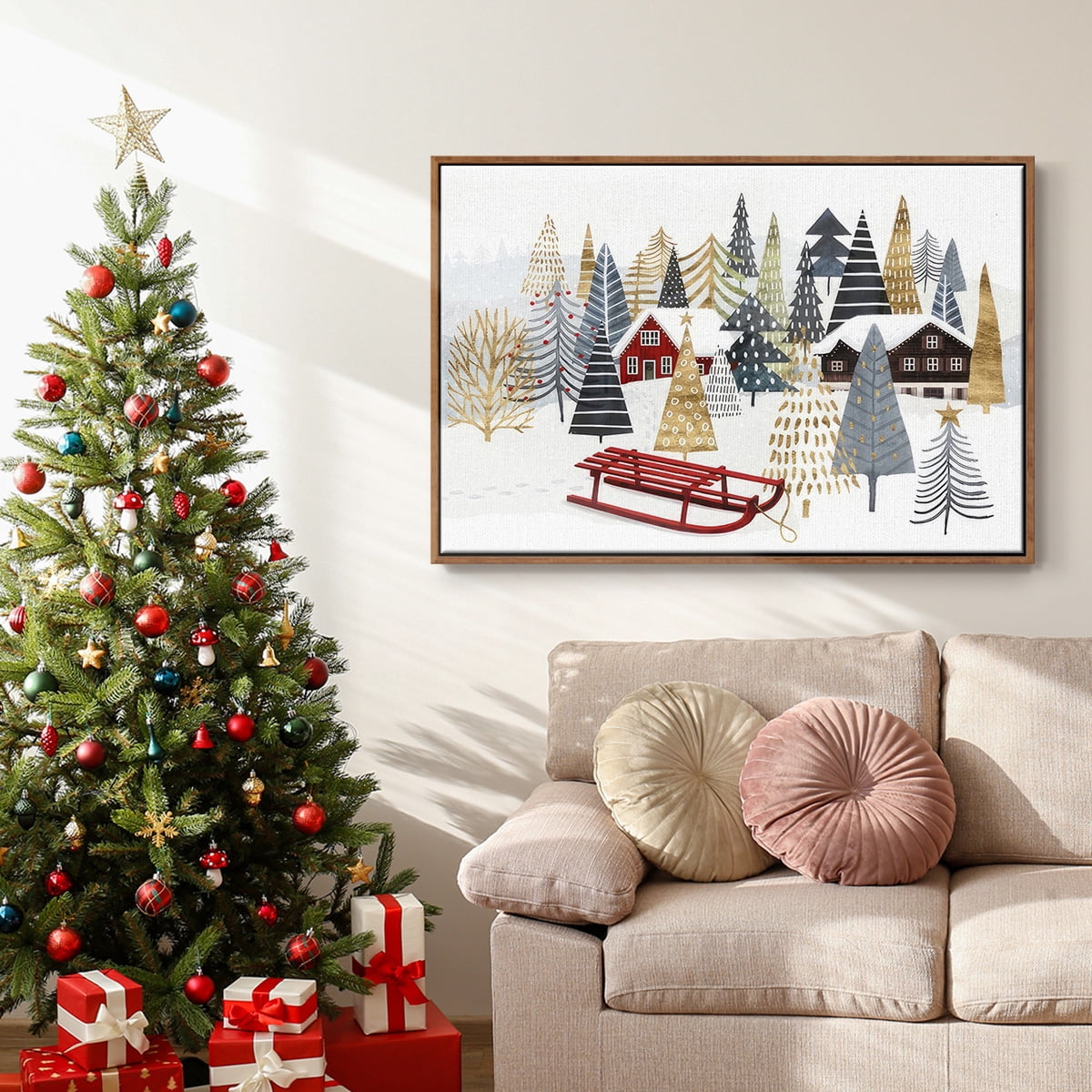 Christmas Chalet Collection A - Framed Gallery Wrapped Holiday Canvas - 17 x 25 - Rosewood Frame