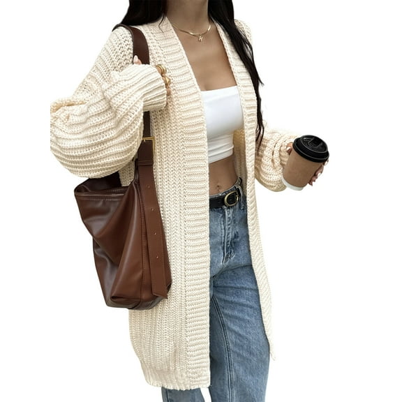 Long Sleeve Cable Knit Long Cardigan for Women Fall Winter Chunky Open Sweaters White S