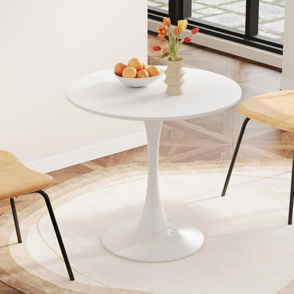 31.4 "Round Dining Table, Medieval White Tulip Dining Table, 2-3 Person Metal Base Dining Table, Easy to Assemble Casual Coffee Table, Office Desk
