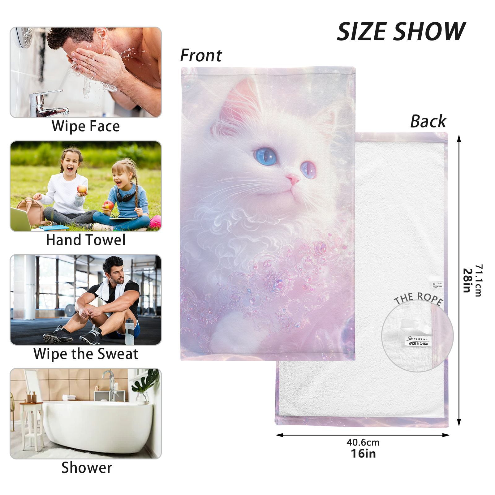 Elegant White Cat Hand Towels Cotton Bath Towels Large Face Towels Absorbent for Bathroom 2 Packs