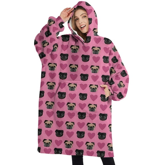 Oversized Wearable Blanket Hoodie,Pink Pug Puppies Sherpa Blanket Hoodie with Super Pockets,Super Warm Fuzzy Pullover for Women & Men