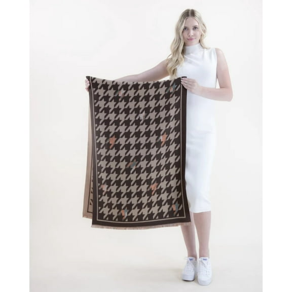 Elegant Brown Houndstooth Scarf with Jacquard Weave and Solid Border
