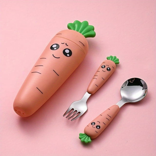 1pc/1set Creative Cartoon Carrot Tableware, Children's Fork Spoon With Handle, Portable Children's Tableware, For Toddlers Kids