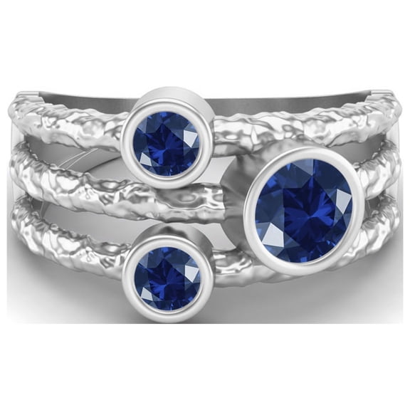 5mm Round Blue Sapphire Syn. Handmade Split Shank Band 925 Sterling Silver Trio Stone Women Mother's Day Gift Ring