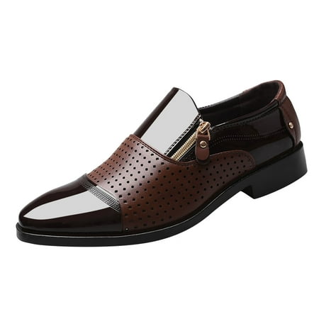 

GNEIKDEING Summer And Autumn Men Shoes Pointed Toe Low Heel Zipper Hollow Breathable Leisure Gift on Clearance