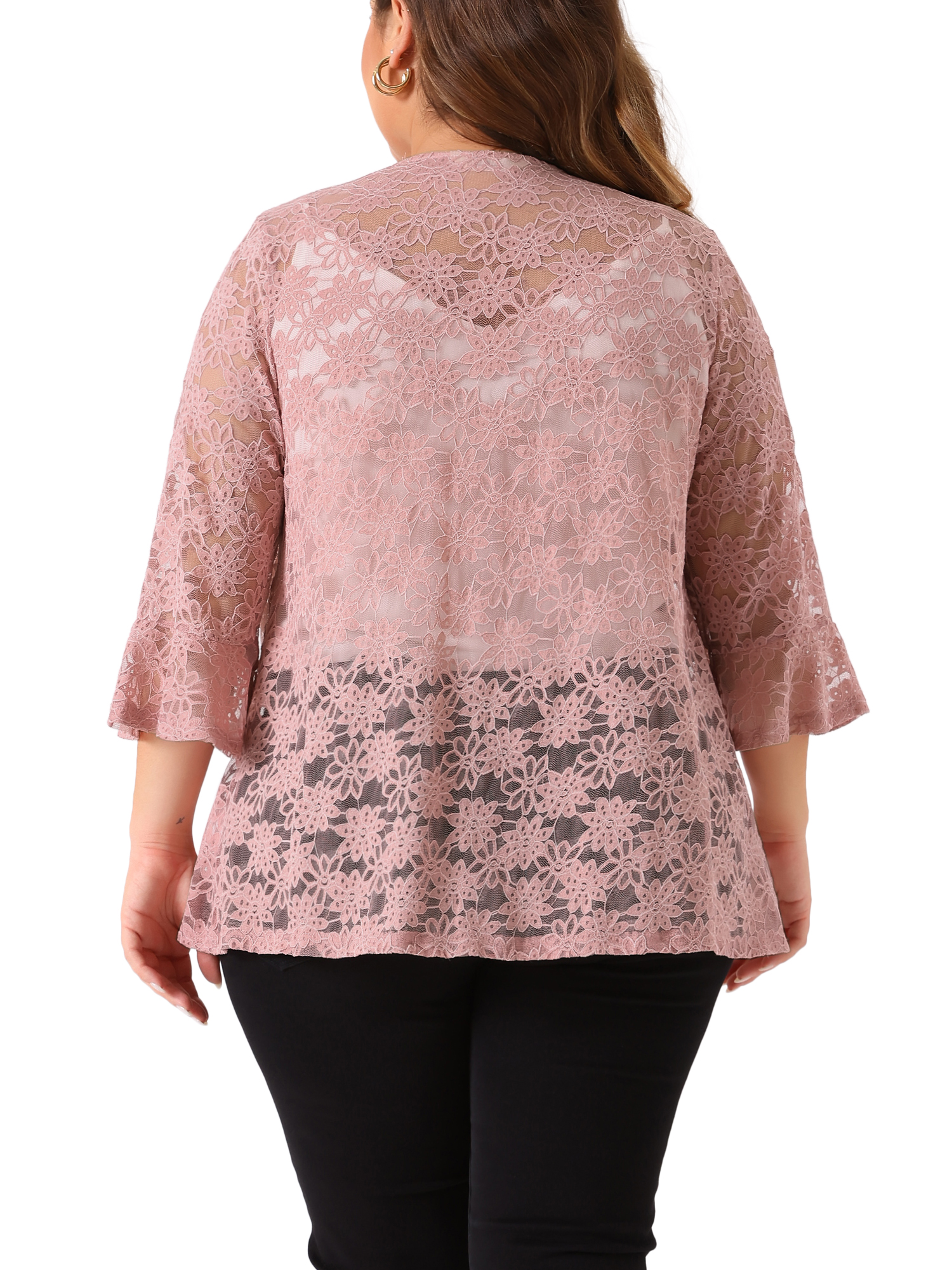 DARING DIVA Women's Plus Size Open Front 3/4 Sleeve Sheer Lace Cardigan 4X Pink