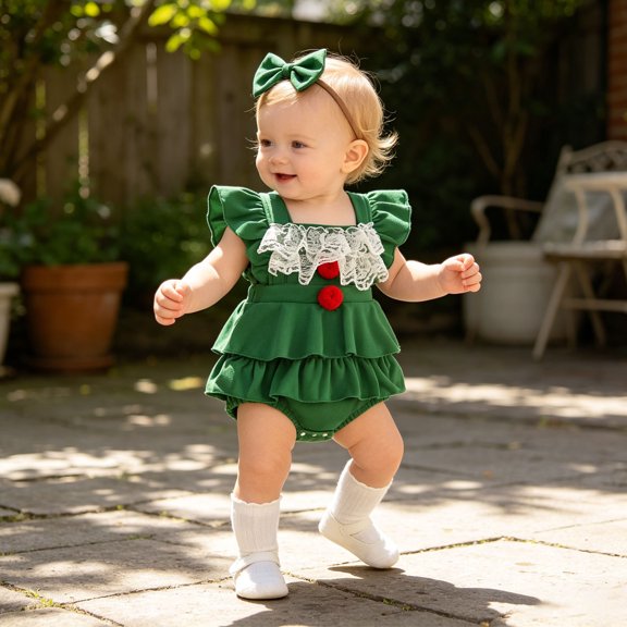 Bigetiay Toddler Girls Christmas Outfits Ruffled Sleeve Romper Bodysuits Headbands Set, Size 6-12 Months