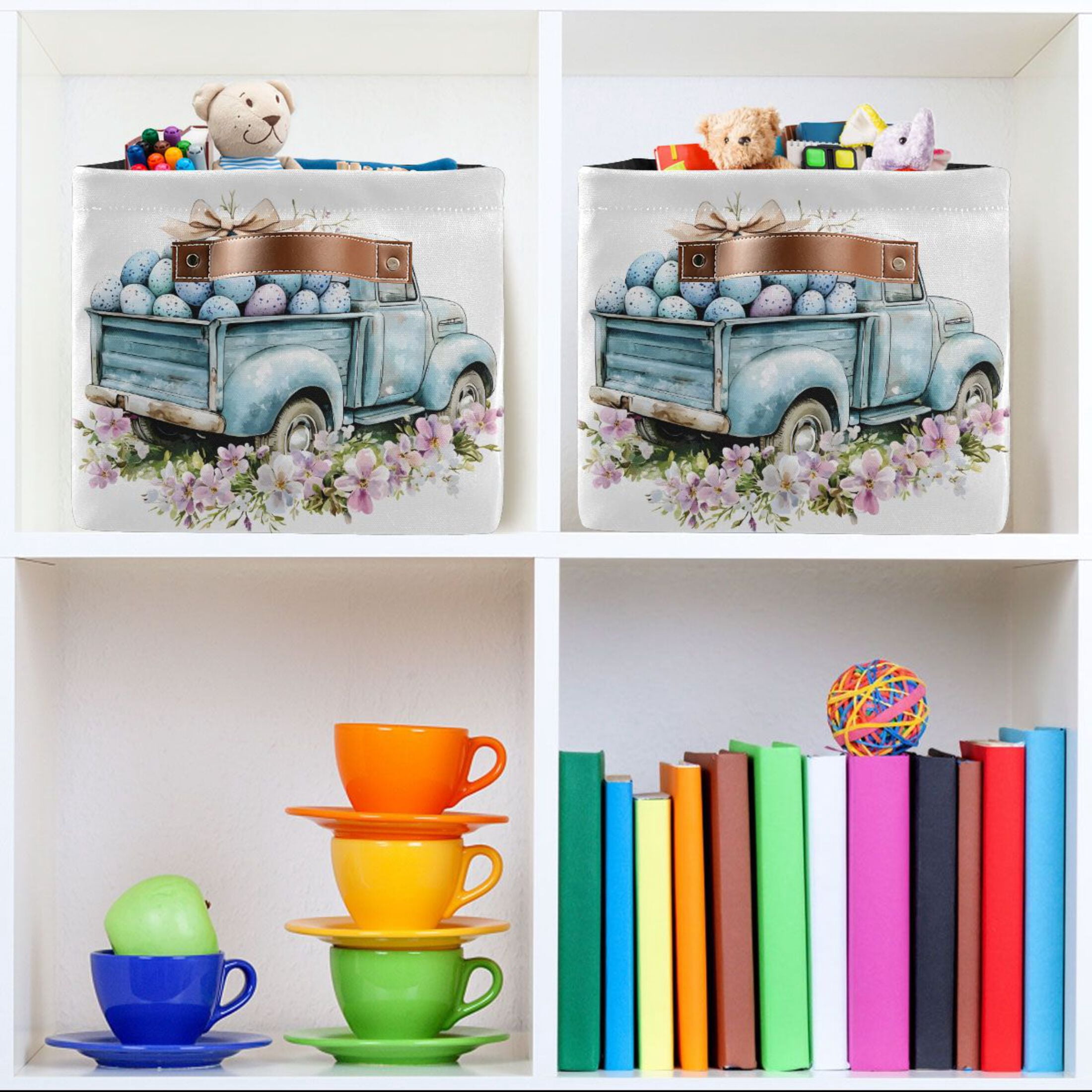 Ryvnso Easter Truck Egg Storage Basket Large Bin Foldable Boxes Toys Organizer 14.2x10.2x8.3in 2 PCs