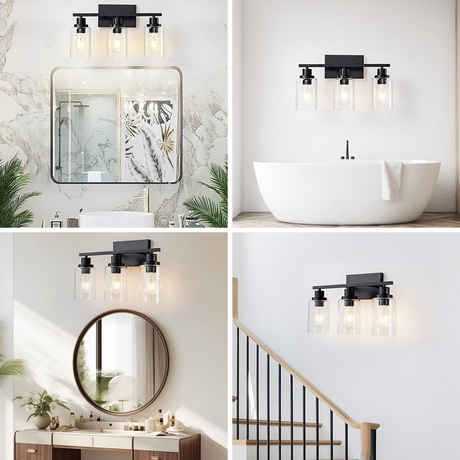 3 Light Bathroom Fixtures Black Vanity Over Mirror Modern Farmhouse Wall Lighting Sconces Rustic Industrial Lamp For  Bedroom Living Room E26 Socket With Glass Shade