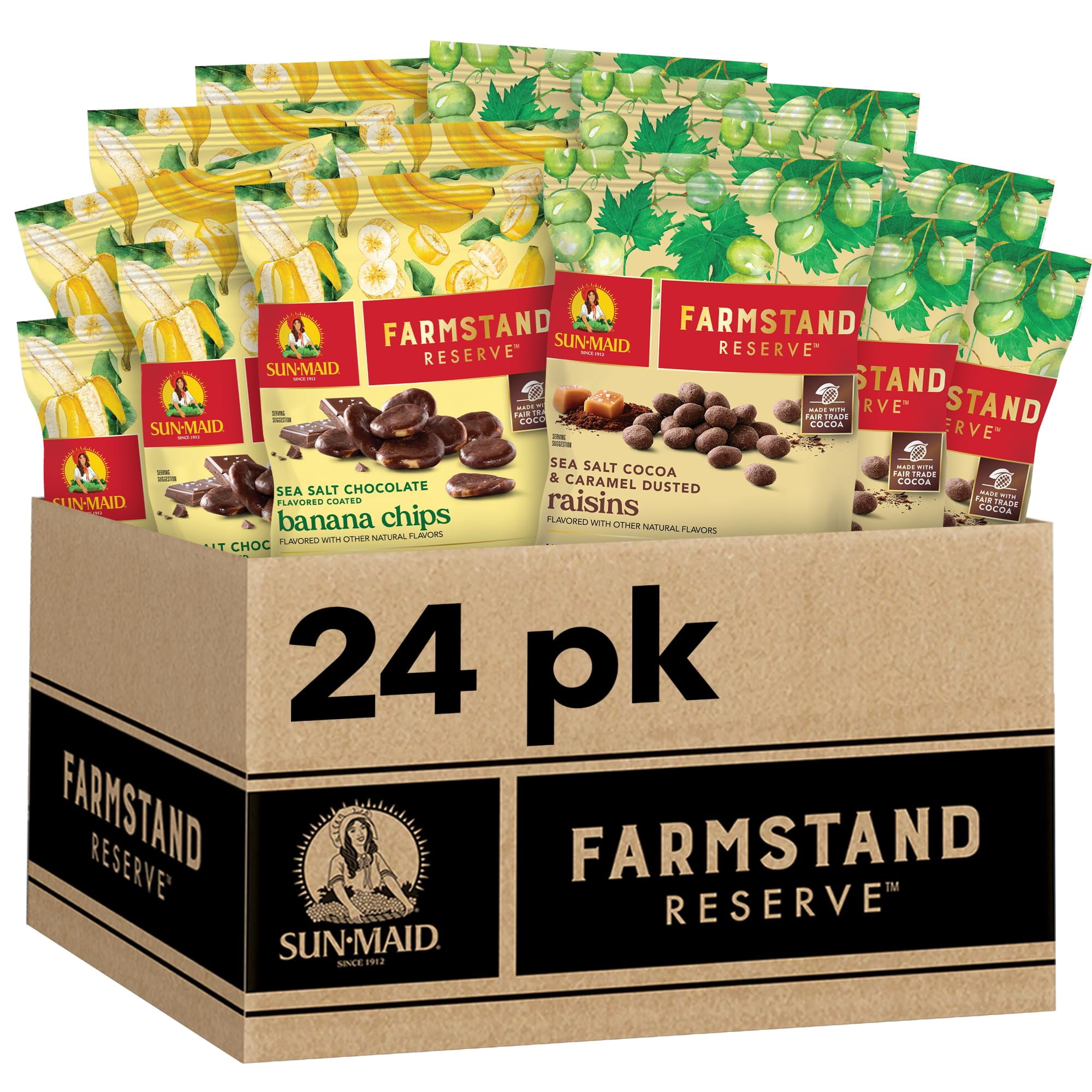 Sun-Maid Farmstand Reserve 24 Count Variety Pack - 0.8 oz Snack Bag – (12) Sea Salt Cocoa & Caramel Dusted Raisins + (12) Sea Salt Chocolate Coated Banana Chips ( Exclusive)