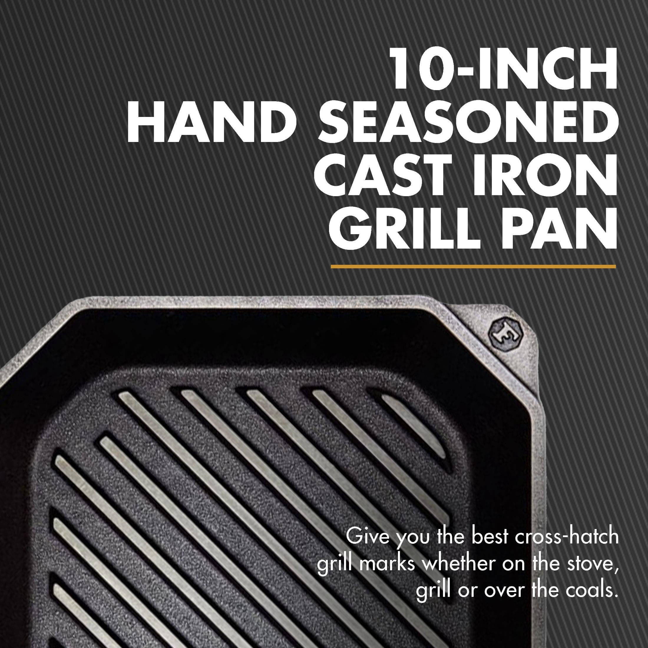 FINEX 10" Cast Iron Grill Pan - Grill Pans with Superior Heat Distribution - Near Non-Stick for Easy Cleaning - Cast Iron Grill Pan - For Indoor & Outdoor Grilling - Pre-Seasoned with Flaxseed Oil