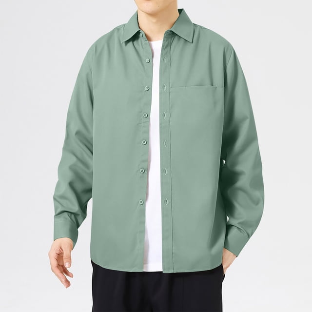 Blusa y camisa de manga larga con cuello vuelto para hombre, informal, de color liso, con botones, de manga larga y cuello vuelto, de poliéster.