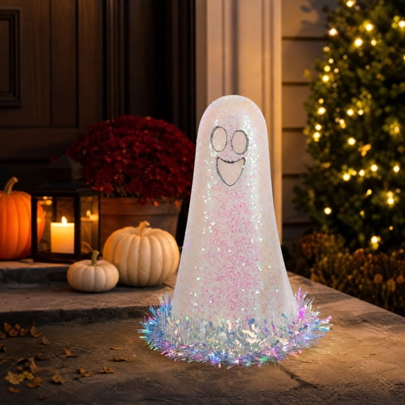Lighted Sequin Ghost Halloween Decoration with Warm LED Glow and Holographic Fringe Orange White 1 Count