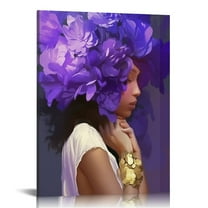 JEUXUS African American Wall Art Purple Flower on Black Women Head Vintage Canvas Art Modern Abstract Girl Picture Home Wall Decor for Bedroom Living Room, Framed Ready to Hang 16x20 in